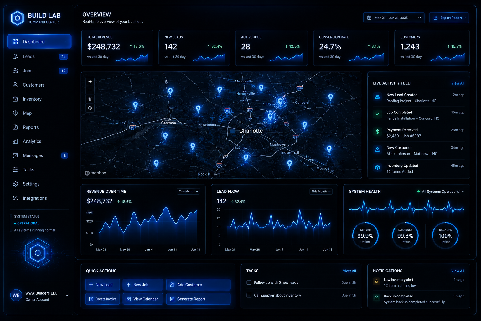 Build Lab command center dashboard with glowing map pins and analytics