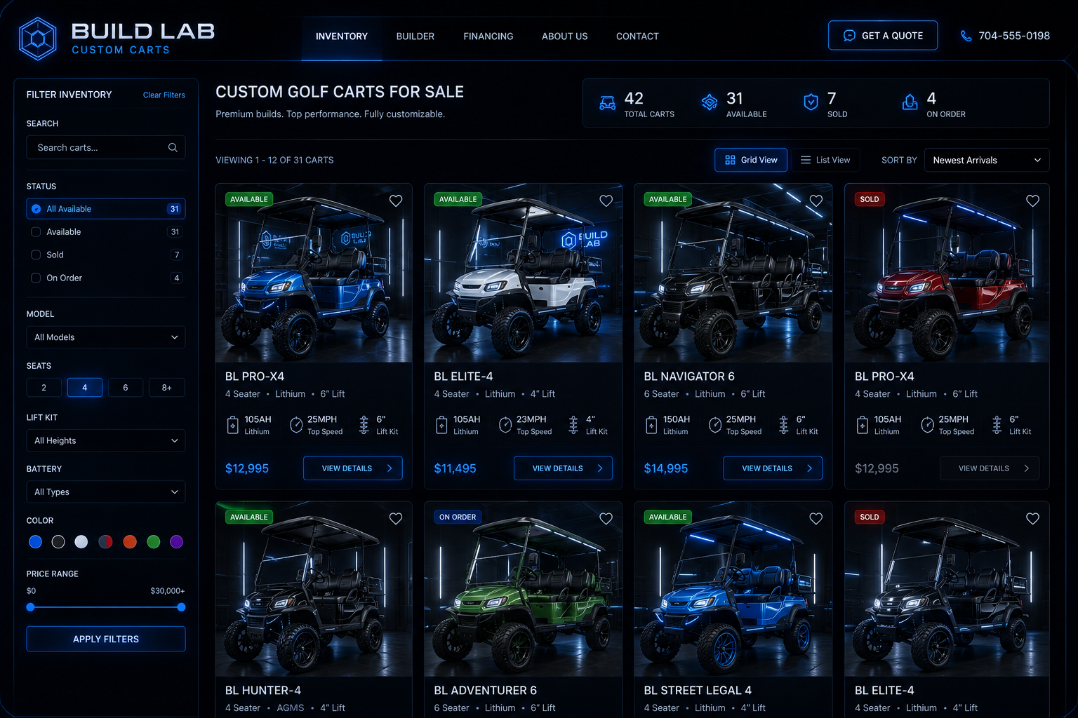 Custom golf cart inventory website with filters and vehicle cards