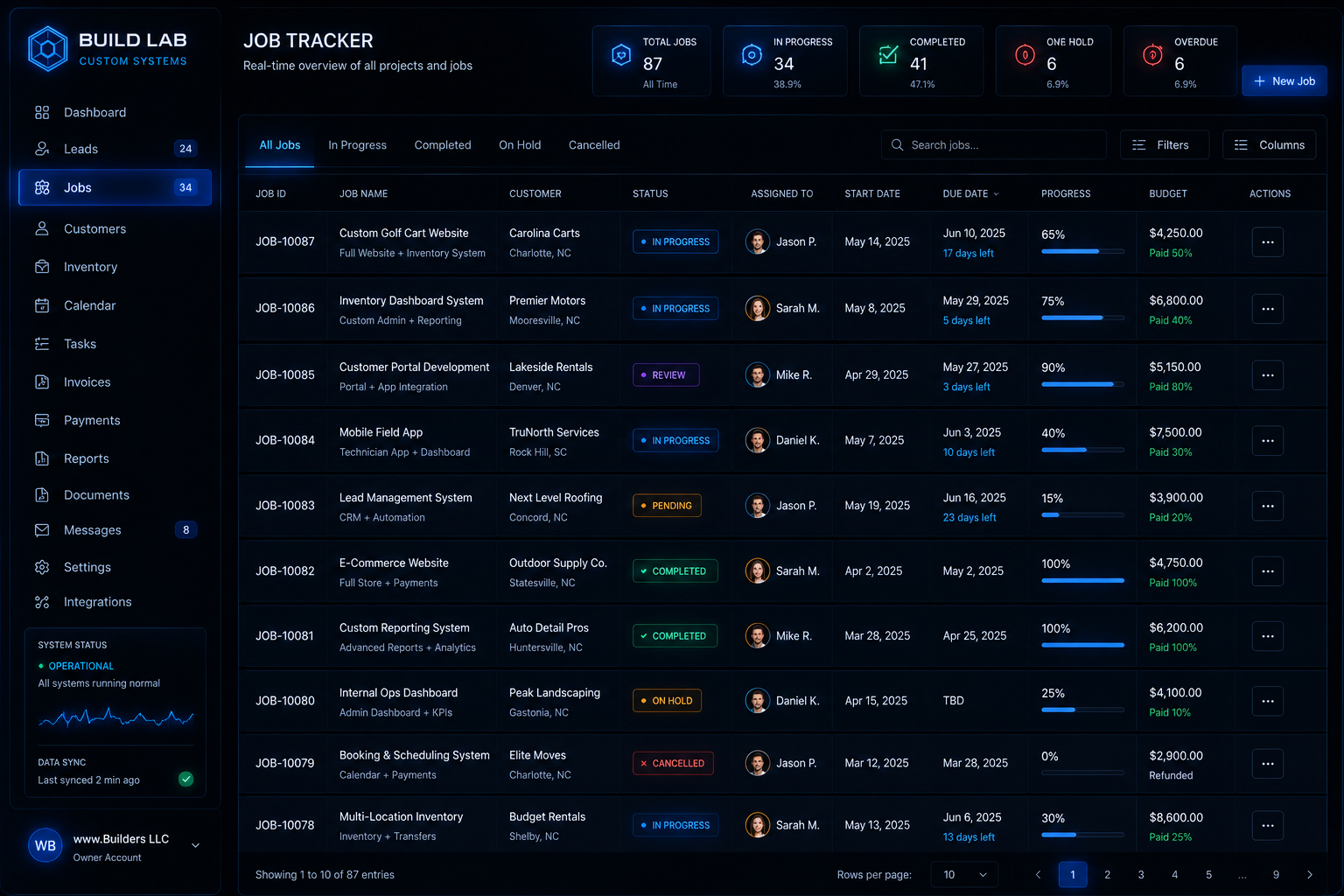 Custom spreadsheet style job tracker and project dashboard